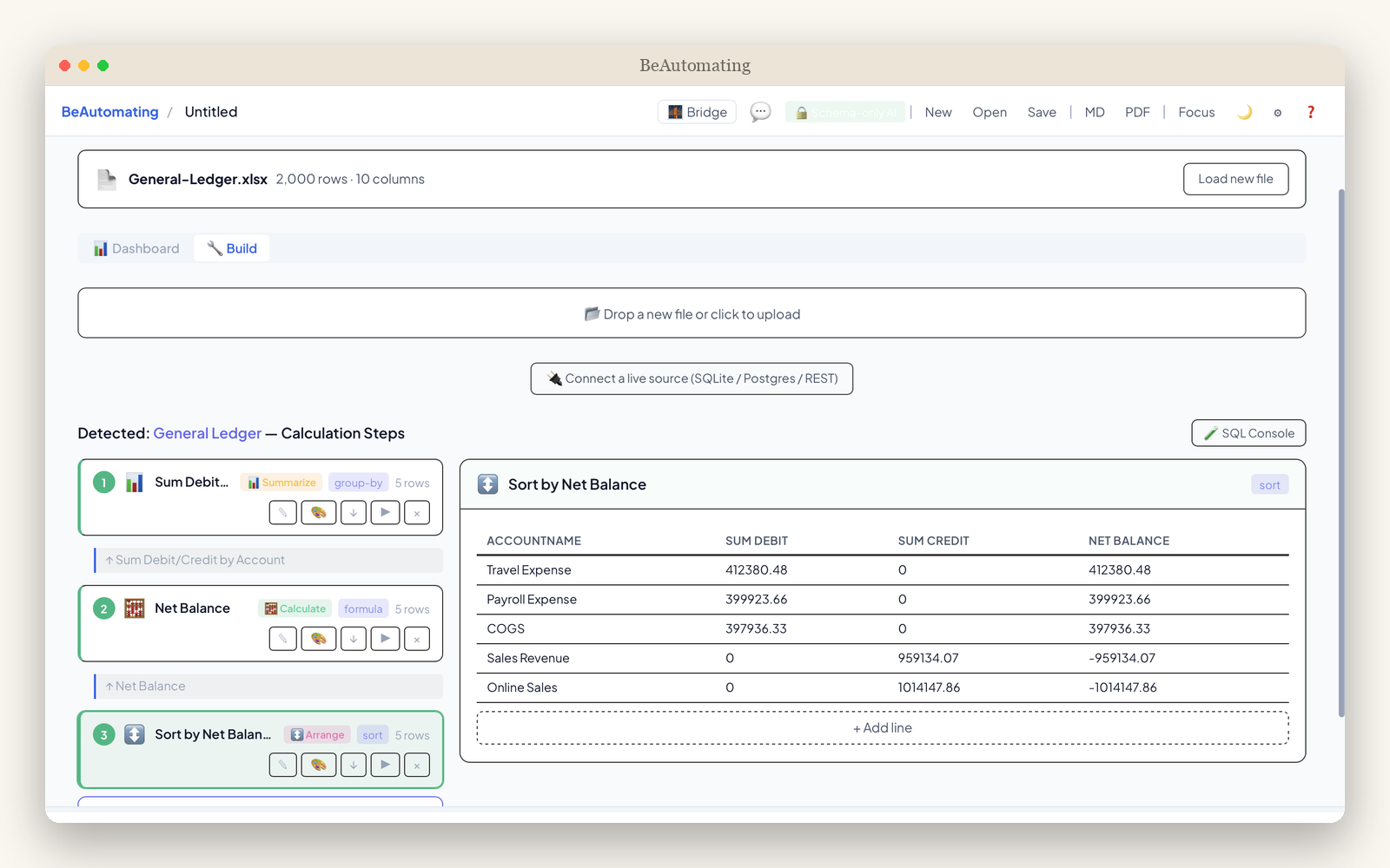 BeAutomating's transform builder — a General Ledger import with group-by, Net Balance, and sort steps chained into a calculated result table