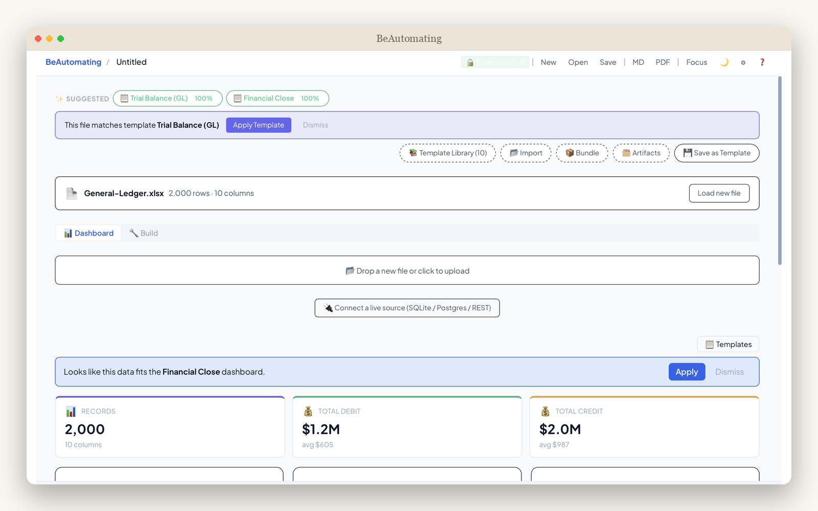BeAutomating detecting a Trial Balance and offering one-click templates, with KPI cards and live-source connectors (SQLite, Postgres, REST)