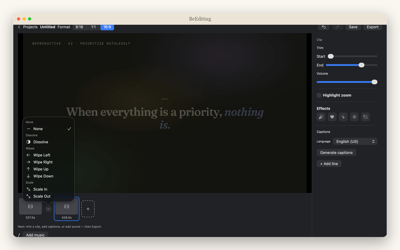 BeEditing's clip editor — trim, transitions, effects, and auto-captions on a multi-clip timeline
