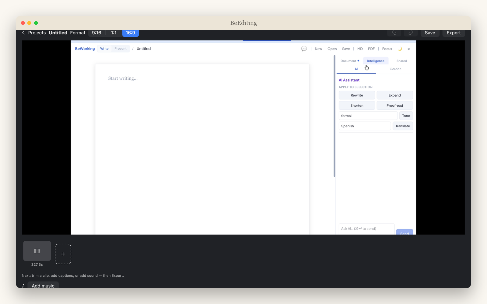 BeEditing bringing clips together — import, record, or add music, choose an aspect ratio, then export