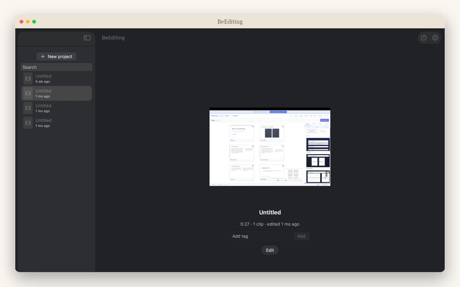 BeEditing's project library — every cut saved locally on your Mac, ready to reopen