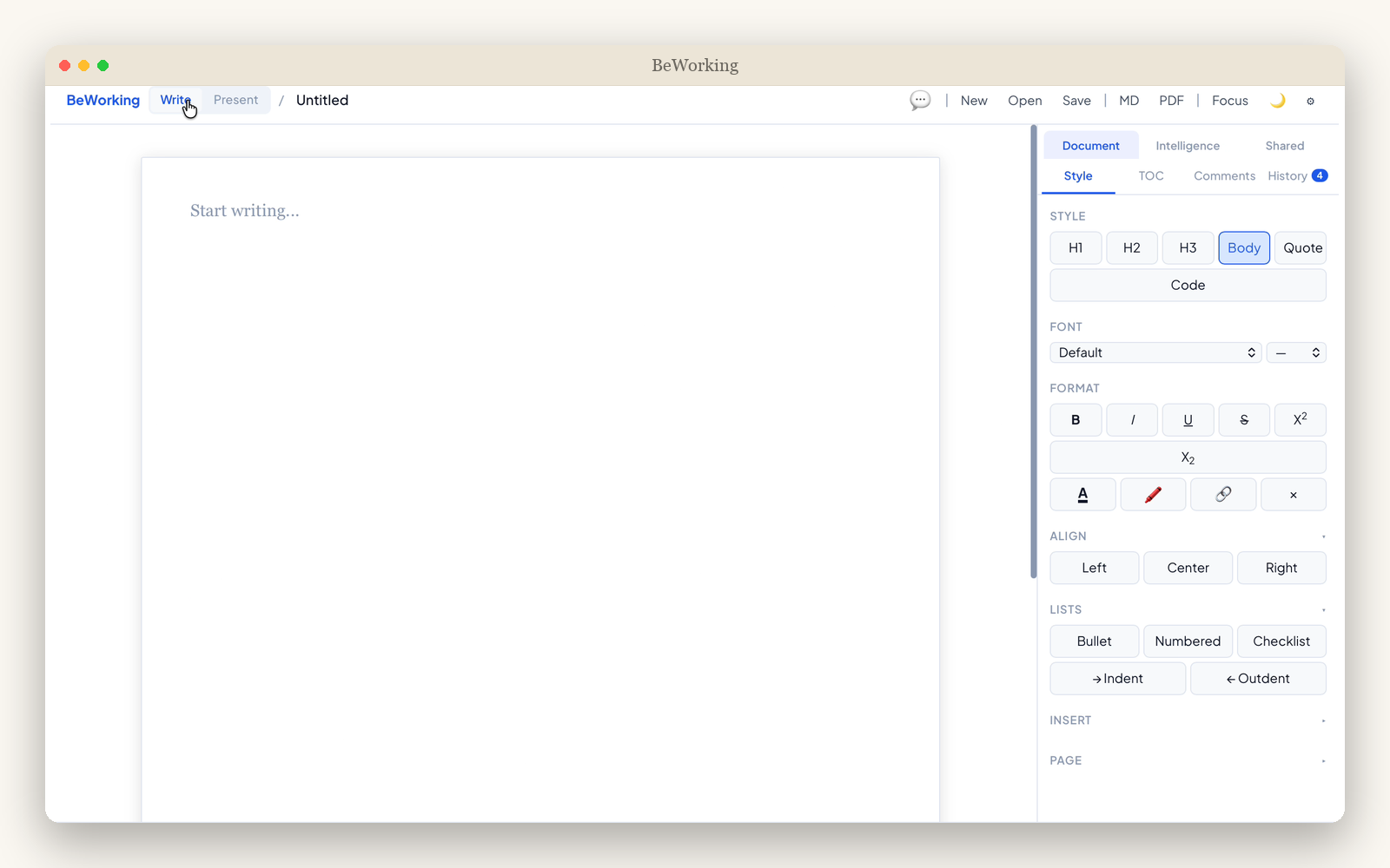 BeWorking's distraction-free Write module — a native editor with rich formatting (headings, styles, lists), no browser tabs or cloud doc