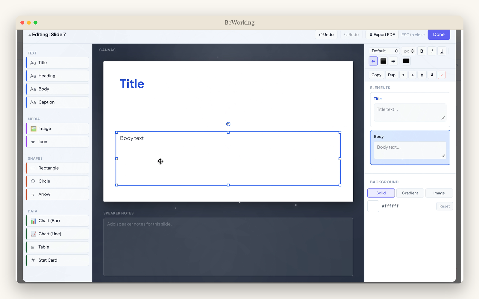 BeWorking's Present module — building a slide on a canvas with text, media, shapes, and data elements