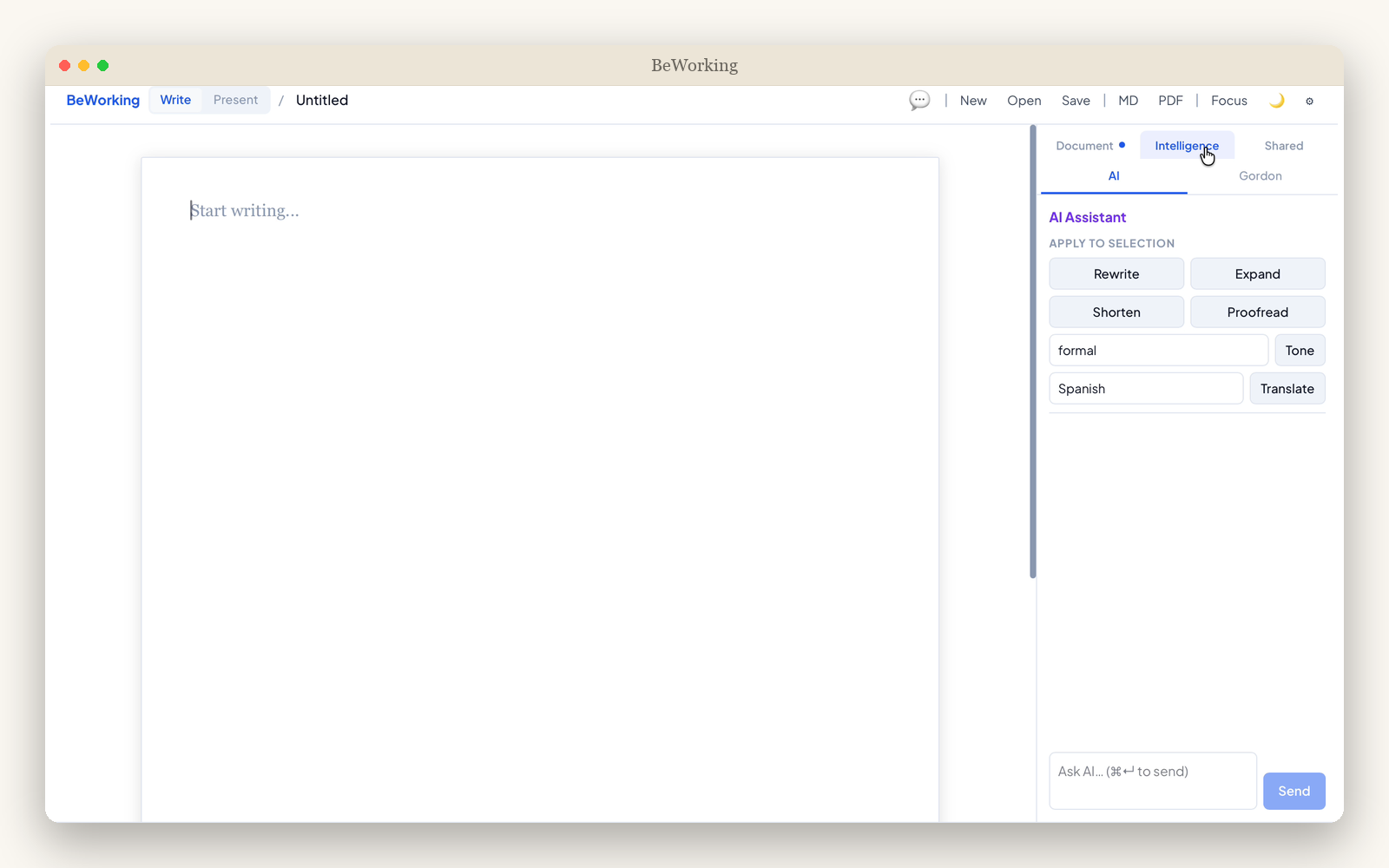 BeWorking Pro's AI Assistant grounded in the open document — rewrite, expand, shorten, proofread, tone, and translate