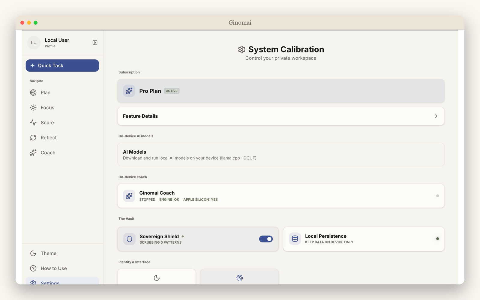 Ginomai's private workspace — on-device AI models (llama.cpp) and the Ginomai Coach running locally on Apple Silicon