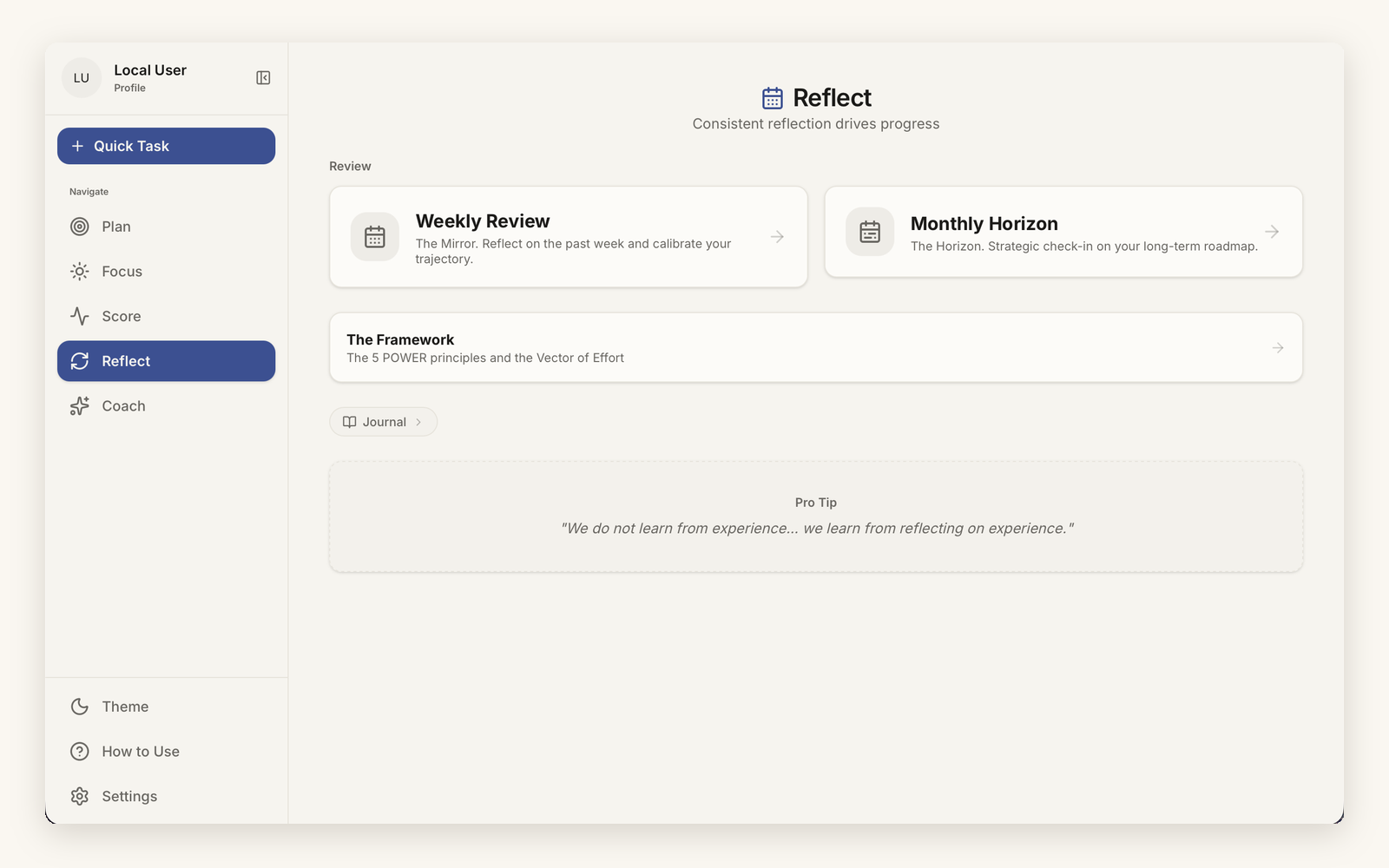 Ginomai's Reflect view — the Weekly Review and Monthly Horizon check-ins alongside the 5 POWER framework and the journal