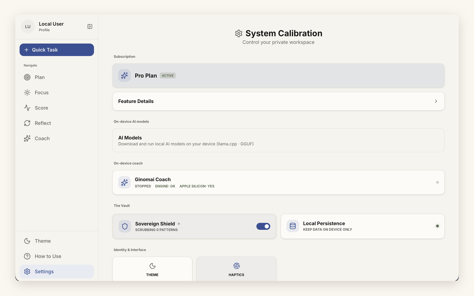 Ginomai's System Calibration — the Pro plan, downloadable on-device AI models, the Sovereign Shield scrubber, and data kept on device only