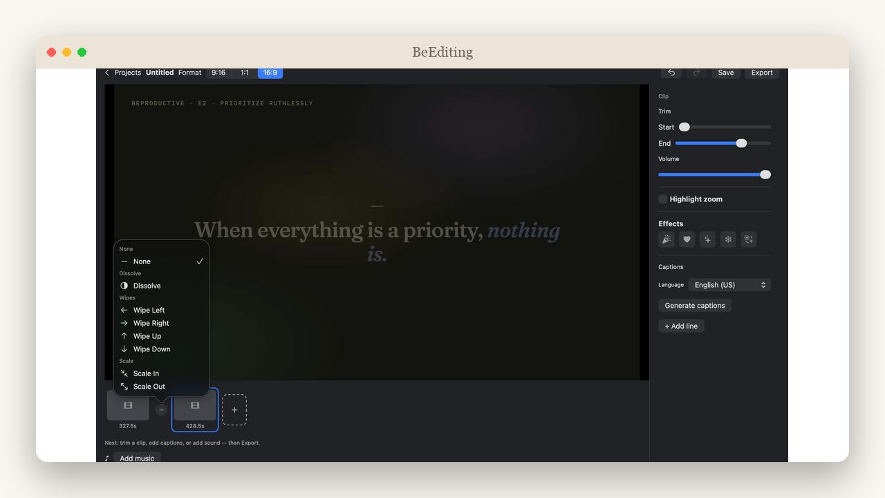 A short, cut start to finish in BeEditing